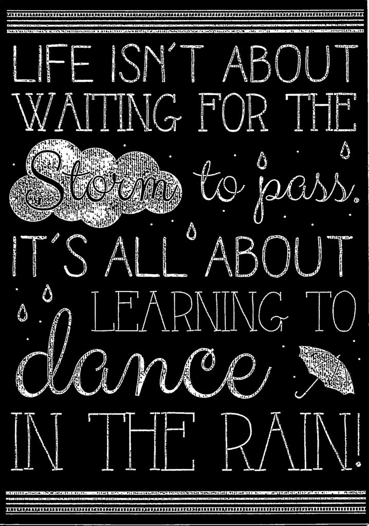 LIFE IS ABOUT LEARNING TO DANCE IN RAIN from Blackboard Collection. General Birthday greeting card. Retail $2.99 Inside: BLANK | 6906 | 255393