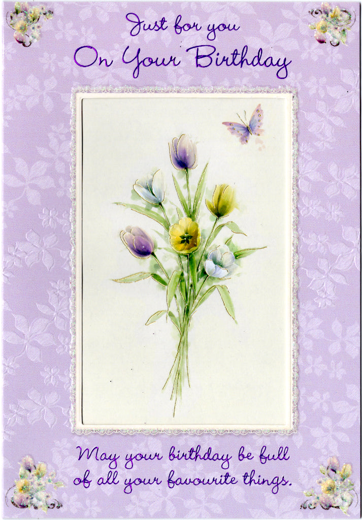 Floral on lilac- Female general birthday card. Retail $3.99. Inside:Sending you sweet wishes and the joy a birthday brings... | 5197 | 255529