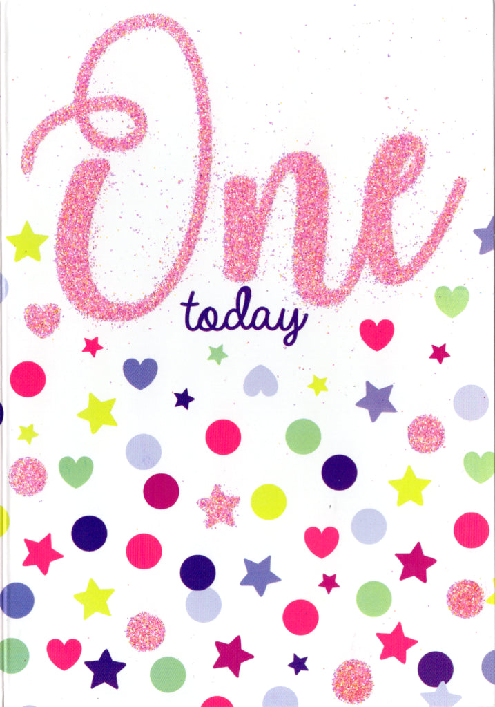 CONFETTI STARS HEARTS-1st Girl Age Birthday card. Retail $2.99. Inside: Happy Birthday Little Miss! | 7680 | 255544