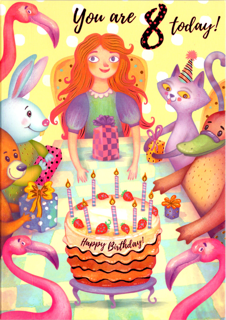 Friends and cake- 8th age girl birthday card. Retail $2.99. Inside: Enjoy your special day with lots of friends and cake... | 8038 | 255546