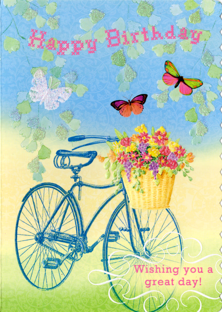 Blue bicycle and Butterfly embossed die cut general birthday greeting card by Carol Wilson Inside: You bring happiness with you wherever you go! Retail $4.25 | CRGN4036 | 255554