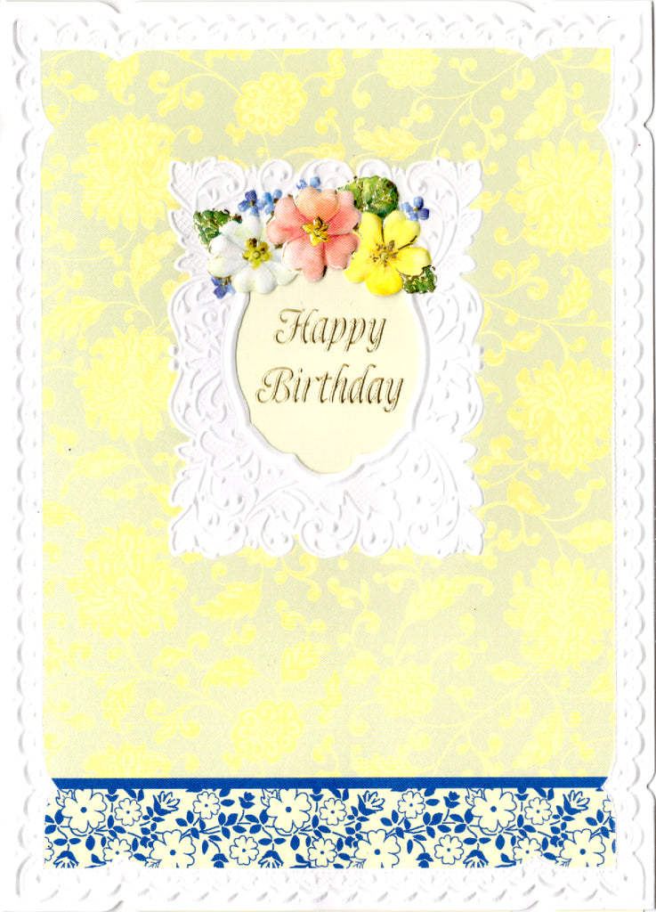 Yellow and blue floral embossed die cut general birthday greeting card by Carol Wilson. Inside: Happy Birthday may the gift of happiness be yours! Retail $3.25 | CG1397 | 255556