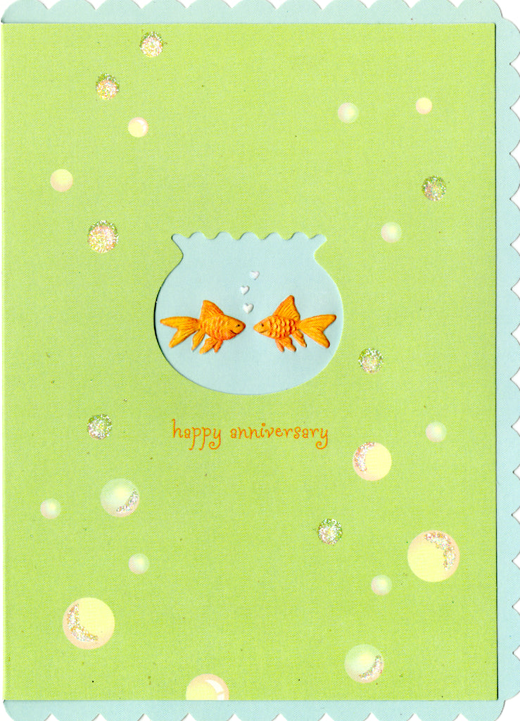 Kissing goldfish embossed die cut anniversary greeting card by Carol Wilson. Inside: You and me swimmingly! Happy Anniversary. Retail $3.50 | CG1407 | 255558
