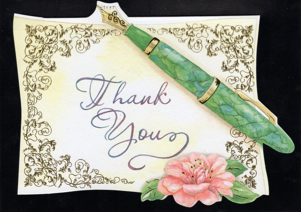 Gold foil accenting and a classic fountain pen depict this classic thank you card by Carol Wilson. Inside ....so very much! Retail $4.25 | CRG1693 | 255560