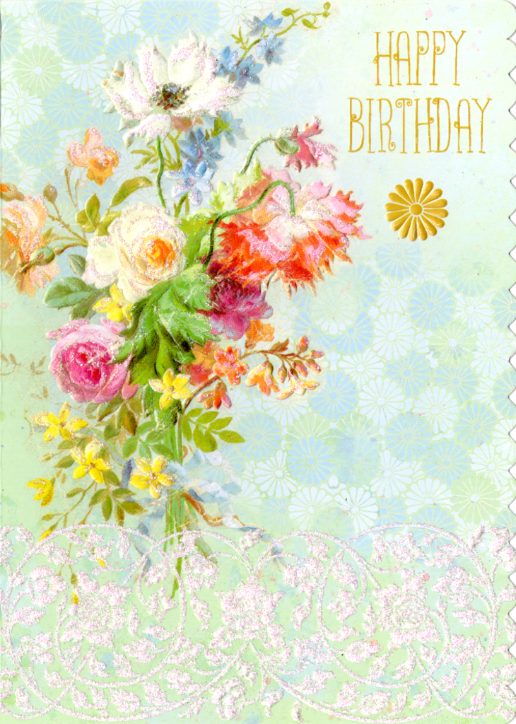 Market bouquet floral bunch on a green background embossed die cut birthday greeting card by Carol Wilson. Inside: Wishing someone a very special and beautiful day. Retail $4.25 | CRGN4027 | 255561