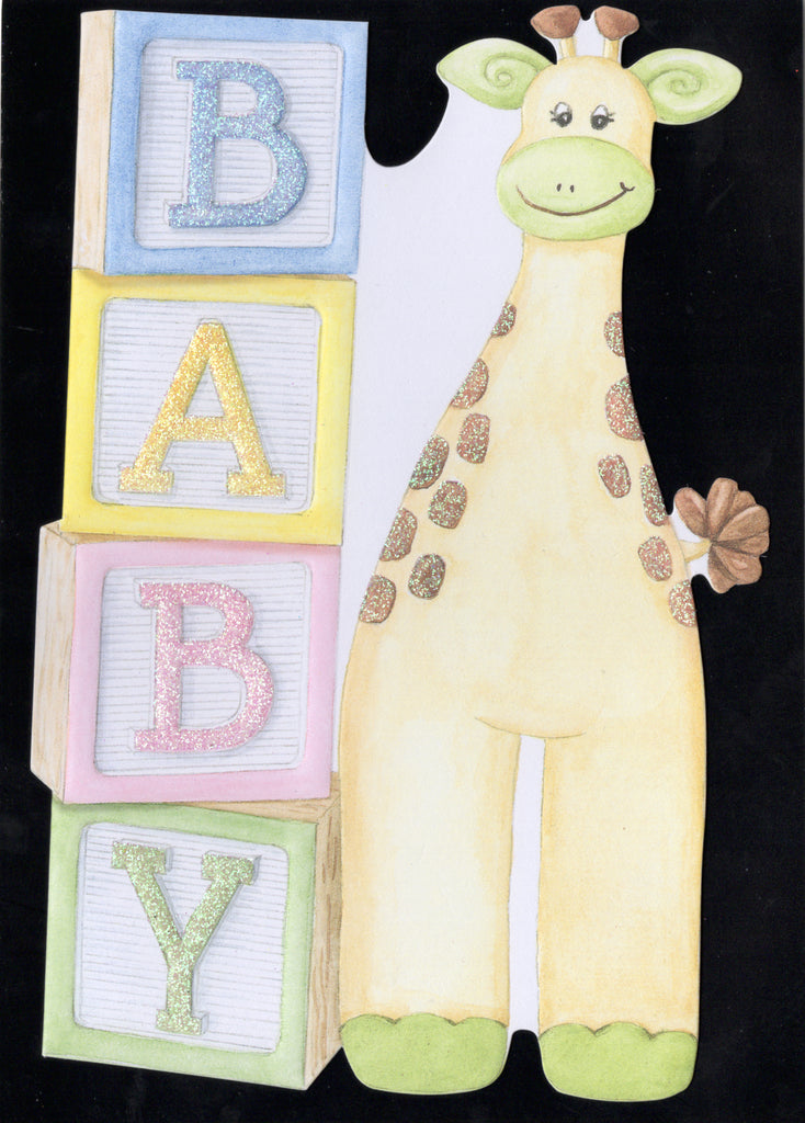 Happy giraffe with BABY blocks embossed die cut new baby greeting card by Carol Wilson Inside: A new little one to celebrate and treasure. Retail $4.99 | CRG1592 | 255569