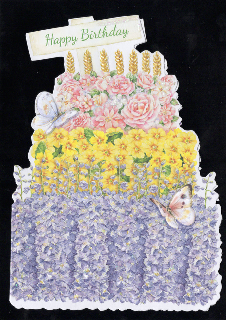 Bright flowers form a Happy Birthday cake embossed die-cut birthday card by Carol Wilson. Inside: A wonderful birthday for a wonderful person. Retail $4.99. | CRG1736 | 255582