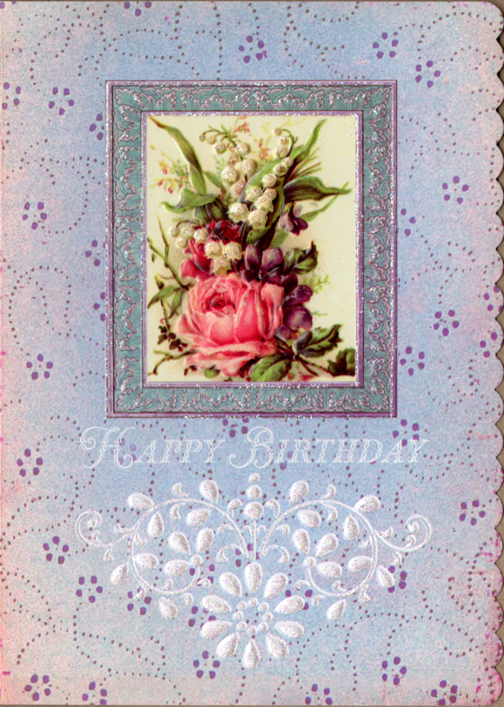 Mauve roses on a blue background embossed die cut birthday greeting card by Carol Wilson. Inside: A wish for your birthday joy and laughter and dreams come true. Retail $4.25 | CG4024 | 255587