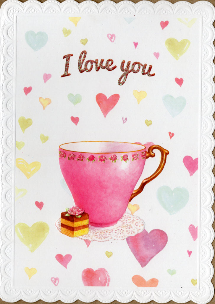 Tea cup with hearts of love embossed die cut Love/thinking of you greeting card by Carol Wilson Inside: Your love is like a cup of tea. Warm and comforting. Retail $4.25 | CRG1733 | 255590