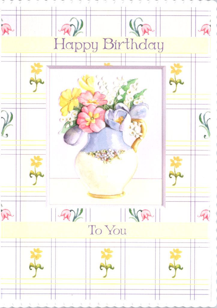 Lilac and yellow plaid with floral accents embossed die cut general birthday greeting card by Carol Wilson. Inside: Heartfelt birthday wishes of love on your special day. Happy Birthday! Retail $3.25 | CG1298 | 255595