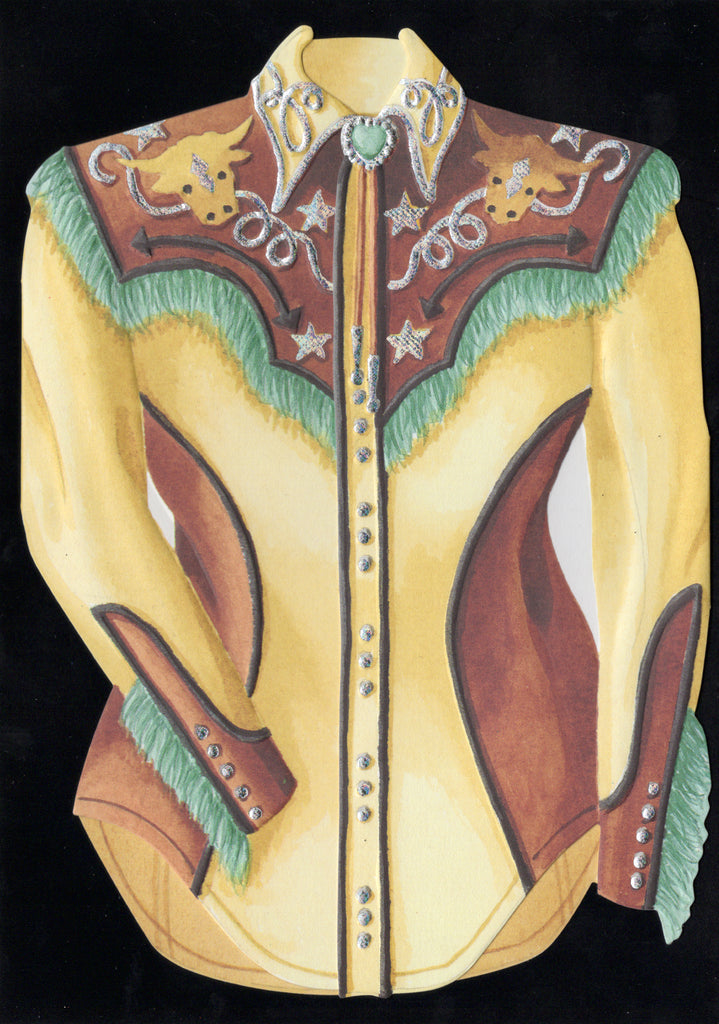 Western themed rodeo shirt embossed die cut general birthday greeting card by Carol Wilson. Inside: Kick up your boots! Happy Birthday! Retail $4.25 | CG1302 | 255596