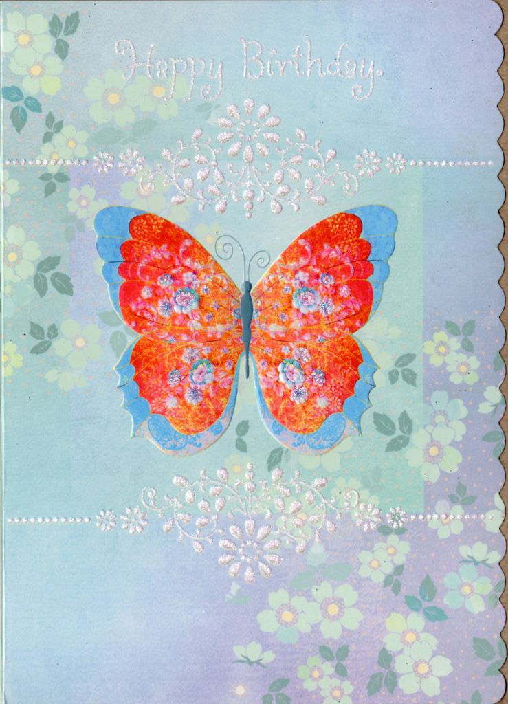 Gorgeous red butterfly on a blue background embossed die cut birthday greeting card by Carol Wilson. Inside: Wishing you a day that is magical Retail $4.25 | CRGN4012 | 255604