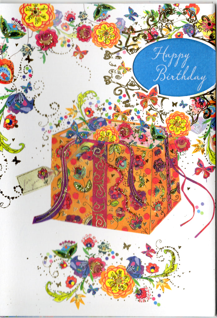 MIMI FESTIVE PRESENT WITH FLOWERS. 3 PANEL/TRI-FOLD CARD. Individually cello wrapped. Retail $3.49 INSIDE: Wising you a day filled with surprises. | PC-MM05 | 255605