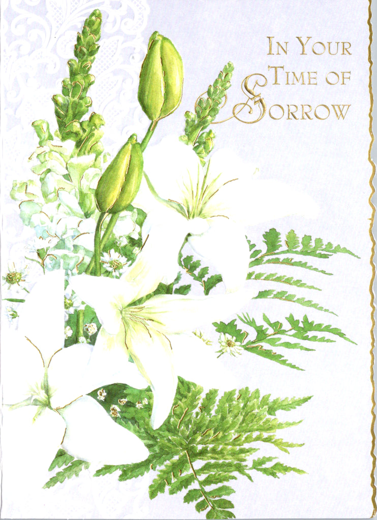 White lilies embossed die-cut sympathy greeting card by Carol Wilson. Inside: Thinking of you in this time of sorrow. Retail $4.99. | CRG1708 | 255614