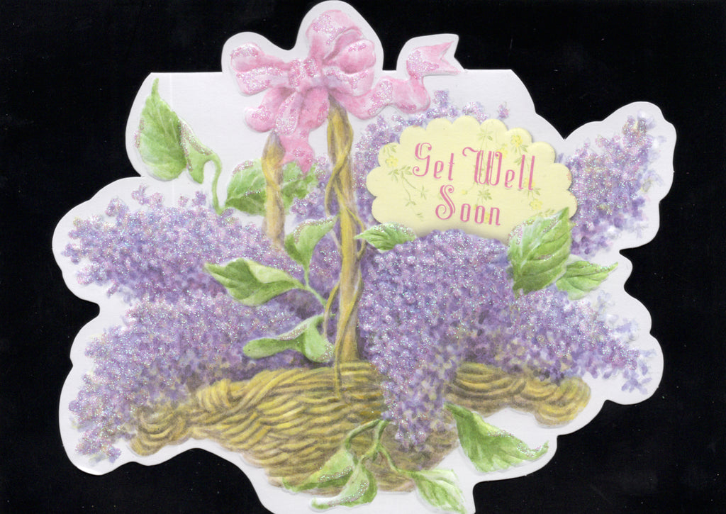 Bountiful lilac basket with a pretty pink box embossed die cut get well greeting card by Carol Wilson Inside Thinking of you and hoping you feel better soon. Retail $4.25 | CRG1762 | 255622