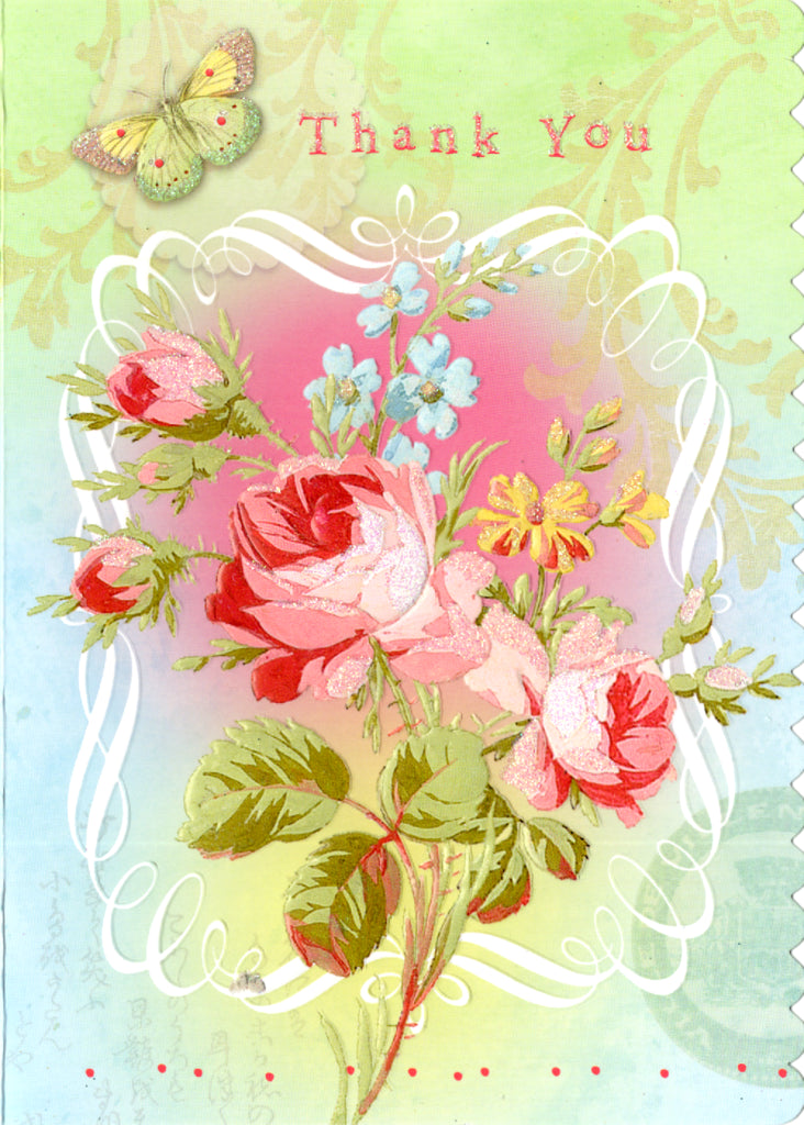 Red and pink roses on a blue/green background with butterfly accents. Thank you card by Carol Wilson. Inside: So much!! Retail $4.25 | CRGN4021 | 255630