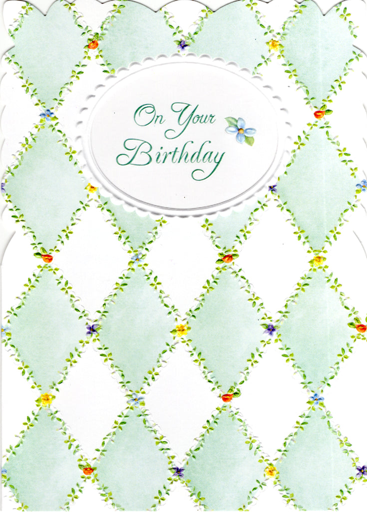 Green and white harlequin pattern embossed die-cut general birthday greeting card by Carol Wilson. Inside: Special wishes sent your way! Retail $3.25 | CG1389 | 255642