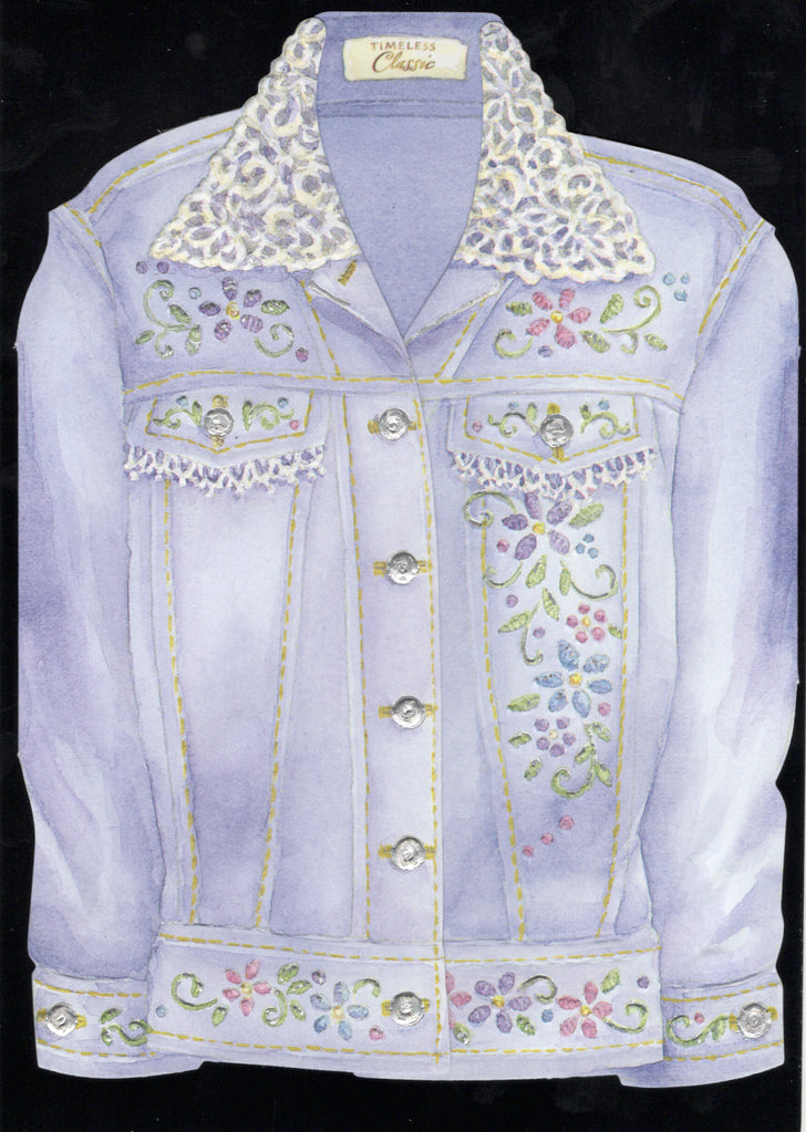 Trendy stylish studded blue denim jacket embossed die cut general birthday greeting card by Carol Wilson. Inside: Celebrate in style! Happy Birthday! Retail $2.95 | CG1167 | 255644