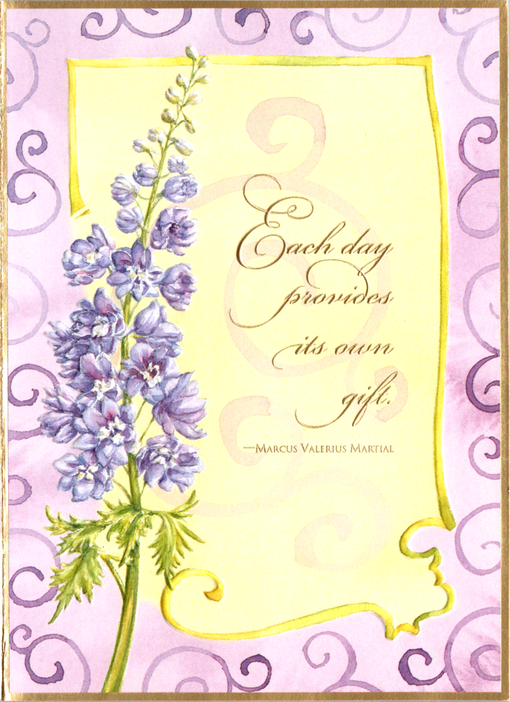 Purple delphinium and gold scroll birthday greeting card by Carol Wilson. Inside: Wishing you a delightful day filled with all the best life has to offer! Happy Birthday! Retail $3.25 | CG1226 | 255645