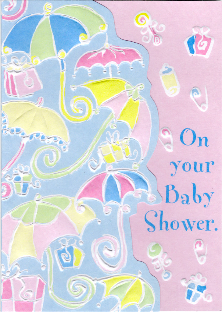 Celebration umbrellas welcome new baby/baby shower embossed die cut greeting card by Carol Wilson. Inside: Showering you with best wishes. Retail $4.25 | CRG1208 | 255655
