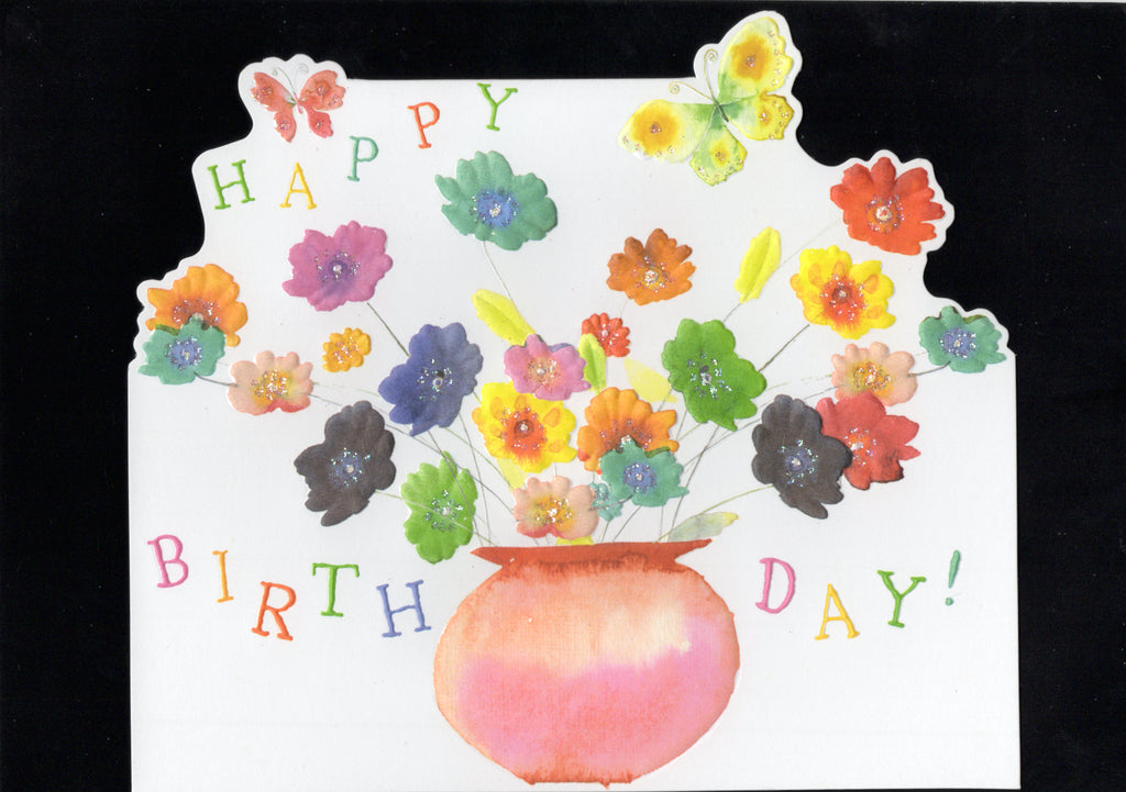 Modern pop of color floral bouquet in a pink vase embossed die cut general birthday greeting card by Carol Wilson. Inside: You make the world a brighter place! Happy Birthday! Retail $4.25 | CG1748 | 255664