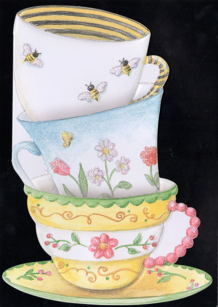 Classic tea cups are stacked to celebrate! Embossed die cut general birthday greeting card by Carol Wilson. Inside: Wishing you a birthday filled with warmth love and sunshine Retail $4.25 | CRG1608 | 255666