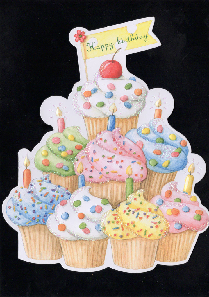 Sprinkle cupcakes stacked with birthday wishes. embossed die-cut general birthday greeting card from Carol Wilson Fine Arts. Inside: Hope your birthday stacks up to something great! Retail $4.25 | CRG1614 | 255667