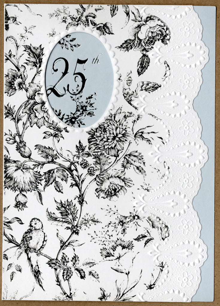 Silver damask pattern embossed die cut 25th anniversary greeting card by Carol Wilson Inside: Congratulations on your Silver wedding anniversary! Retail $4.25 | CRG1671 | 255672