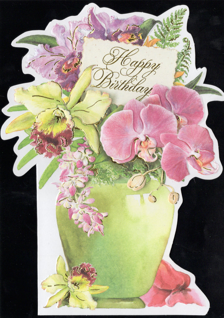 Pink orchids in a delicate greet vase embossed die-cut birthday card by Carol Wilson. Inside: You make the world a brighter place. Happy Birthday! Retail $4.25 | CRG1769 | 255673