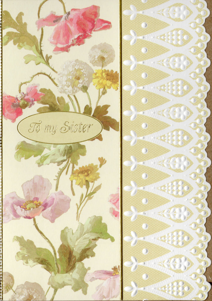Soft pink poppies with a lace border embossed die cut sister birthday greeting card by Carol Wilson. Inside: Thinking of you and sending love always. Happy Birthday. Retail $4.25 | CRG1488 | 255685
