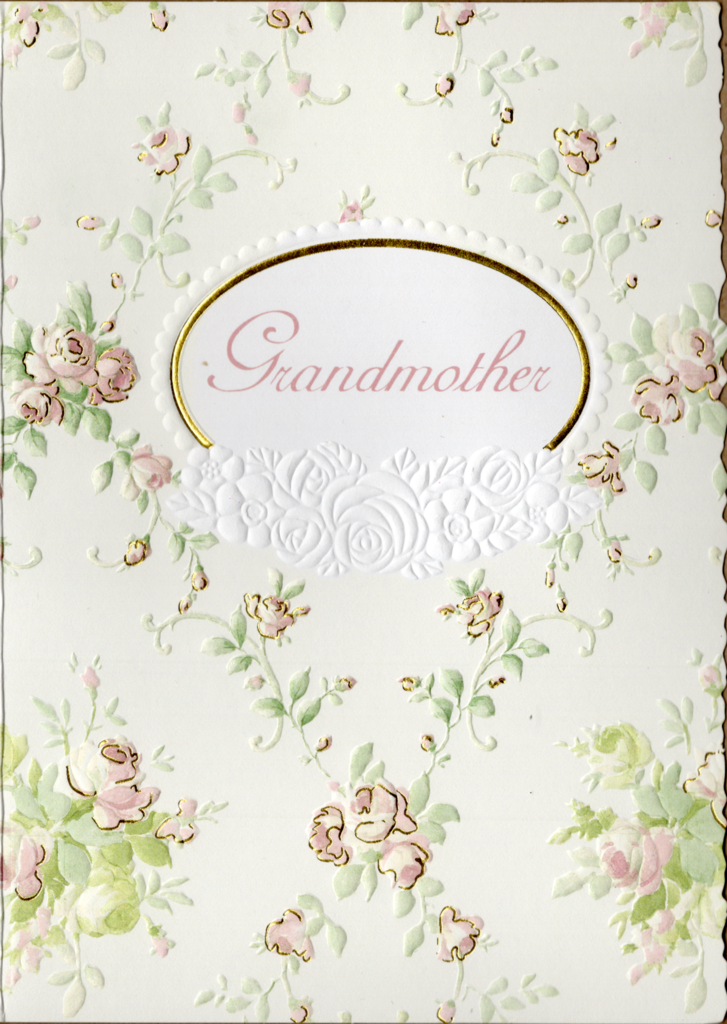 Roses in a diamond floral pattern embossed die cut Grandma birthday card by Carol Wilson. Inside: Wishing you love today and always. Retail $4.25 | CRG1523 | 255686