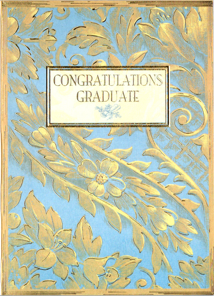 Gold and Blue scroll embossed die-cut graduation card by Carol Wilson. Inside: The world awaits you! Retail $4.25 | CG1374 | 255688