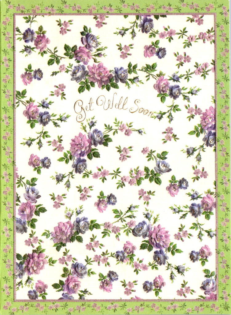 Cheerful purple flowers on a cream background embossed die cut get well greeting card by Carol Wilson Inside: Sorry to hear you are sick. Retail $4.25 | CG1468 | 255693