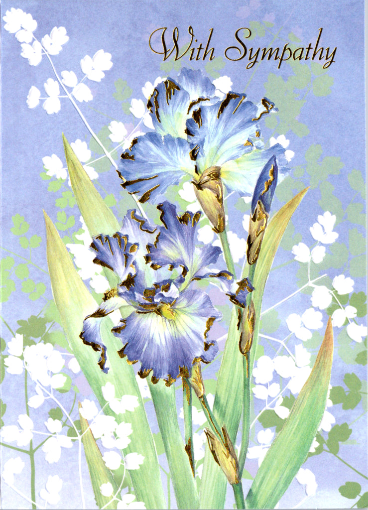 Purple iris and lily of the valley embossed die-cut sympathy greeting card by Carol Wilson. Inside: May you find comfort in God's love and in knowing that others care Retail $4.99. | CRG1470 | 255695