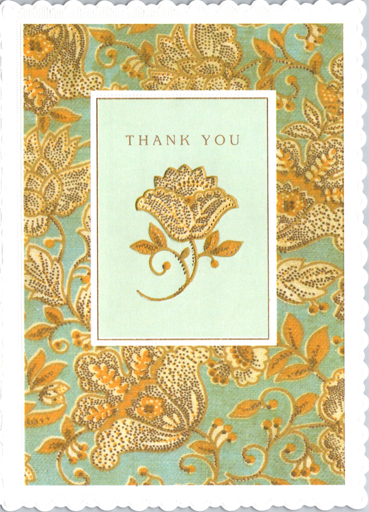 Gold and light aqua floral thank you card by Carol Wilson. Inside: So much! Retail $3.25 | CG1402 | 255699