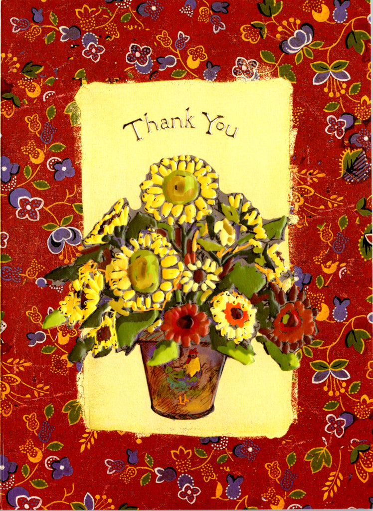 red yellow and white flowers on a red bordered card. Thank you card by Carol Wilson. Inside: I will always be grateful for having you as my friend! Retail $3.25 | CG1403 | 255700