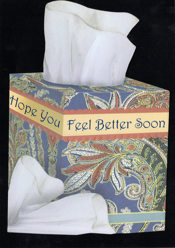 Blue and cream paisley patterned tissue box shaped embossed die cut get well greeting card by Carol Wilson. Inside: A little comfort sent today. Retail $4.99 | CRG1528 | 255705