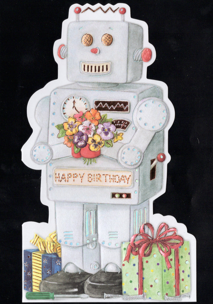Robot themed embossed die cut male or kid birthday greeting card by Carol Wilson. Inside: Affirmative! I wish you an electrifying birthday! Retail $4.25. | CG1514 | 255709