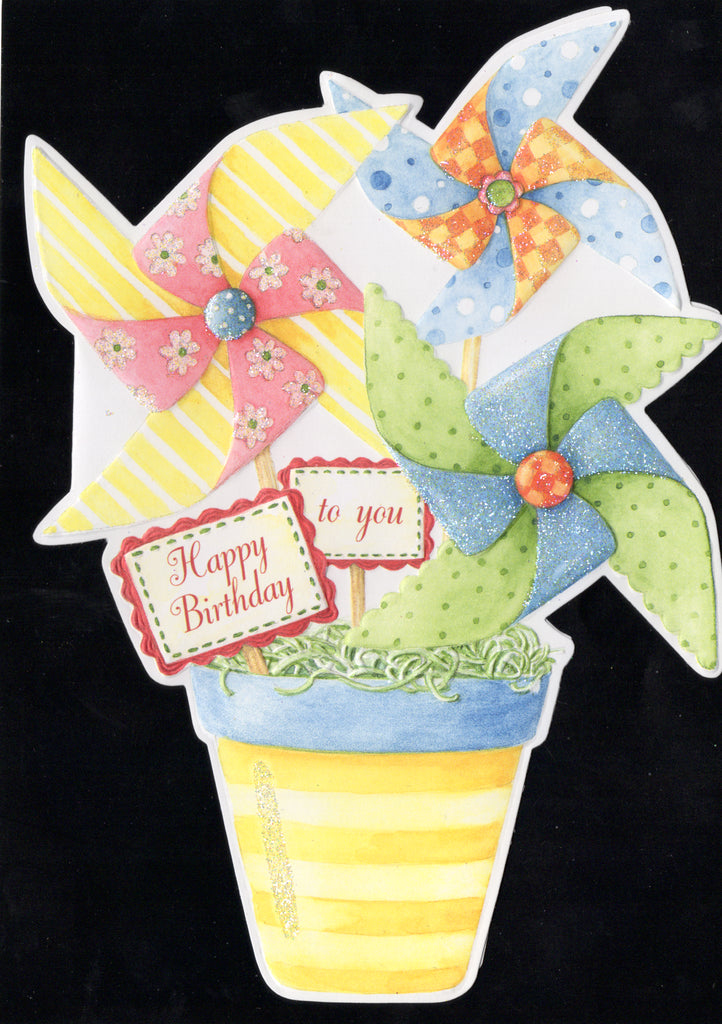 Festive pinwheels in a yellow striped pot embossed die cut general birthday greeting card by Carol Wilson. Inside: Have a fun and joyful day. Retail $3.50 | CG1643 | 255716