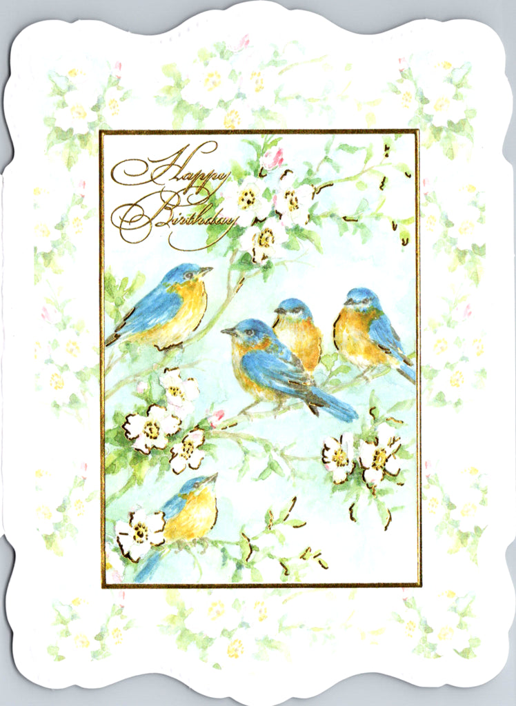 Fancy Blue Jays on spring branches embossed die cut general birthday greeting card by Carol Wilson. Inside: Birthday wishes just for you! Retail $4.25 | CRG1516 | 255717