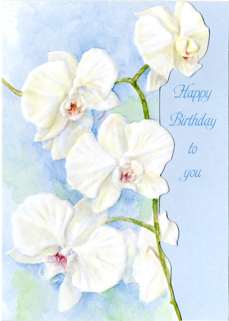 White orchids on a pale blue background embossed die cut general birthay greeting card by Carol Wilson. Inside: May all your dreams come true. Retail $4.25 | CRG1328 | 255724