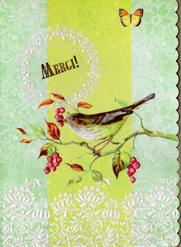 Green background with white lace accenting and a bird on a branch. Thank you card by Carol Wilson. Inside: Beaucoup! Retail $4.25 | CG4020 | 255730