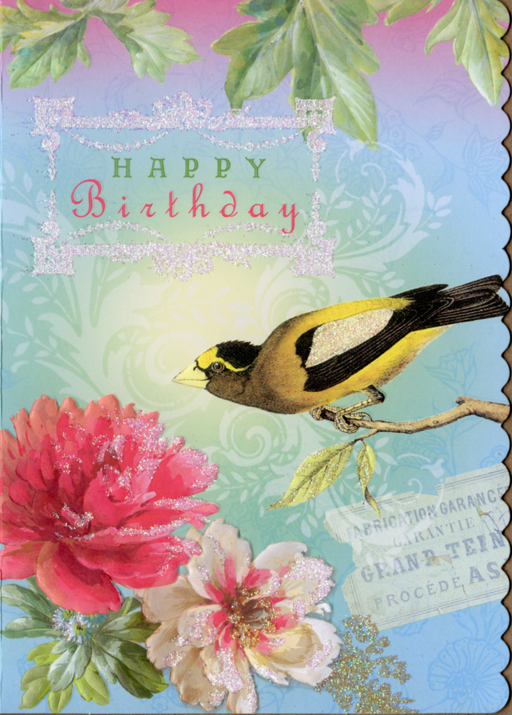 Happy birthday yellow robin on blue/green background embossed die cut general birthday greeting card by Carol Wilson. Inside: Wishing a day that is magical! Retail $4.25 | CG4026 | 255731