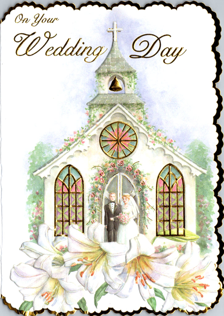 Wedding chapel accented with gold foil embossed die cut wedding card by Carol Wilson. Inside: Wishing you many blessings as a married couple. Retail $4.99 | CRG05569 | 255732