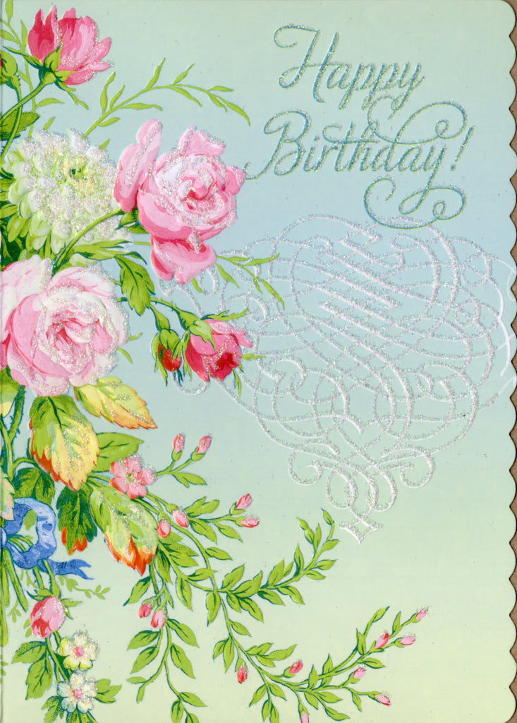 Happy Birthday roses on green embossed die cut general birthday greeting card by Carol Wilson Inside: Best wishes for a very special day! Retail $4.25 | CRGN4033 | 255735