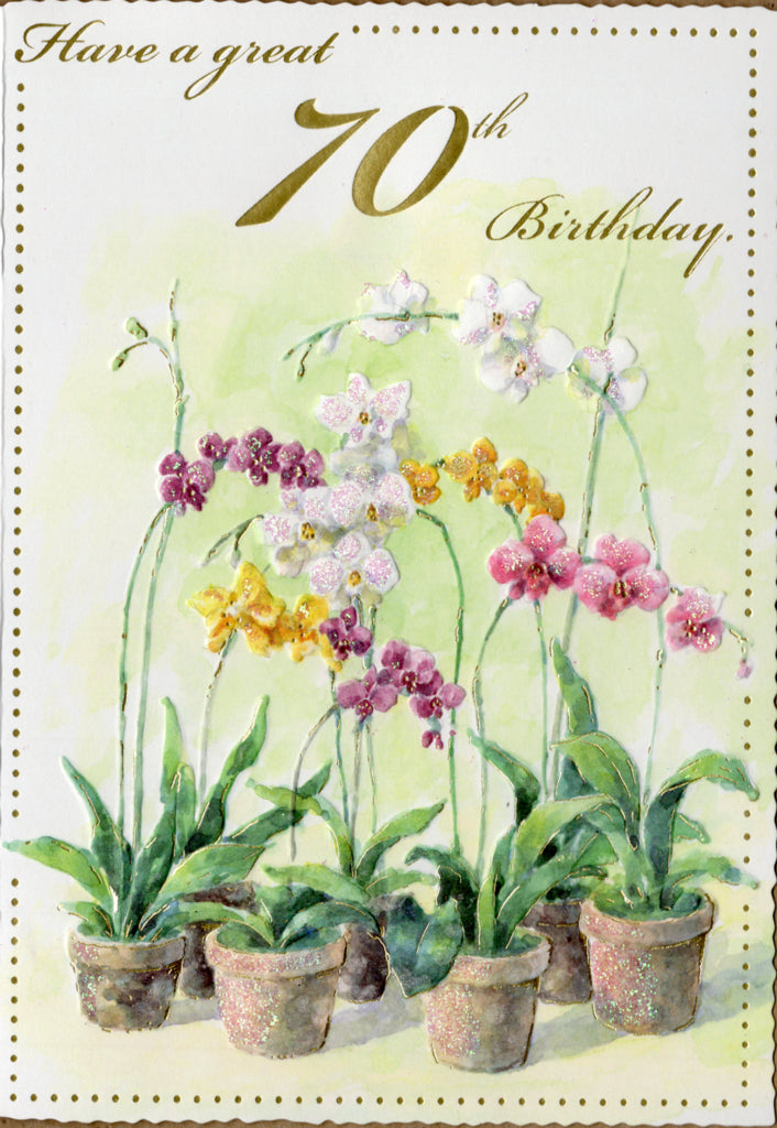 Multi-colored orchids in flower pots celebrate 70th birthday in an embossed card by Carol Wilson. Inside: May this birthday find you surrounded by happiness and love. Happy 70th Birthday! Retail $4.25 | CRG6013 | 255738