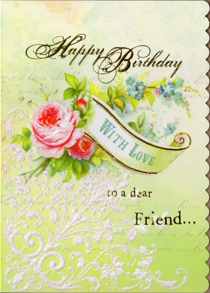 Happy Birthday with Love red and green rose themed birthday greeting card by Carol Wilson. Inside Wishing you a bright and beautiful birthday! Retail $4.25 | CRGN4040 | 255741