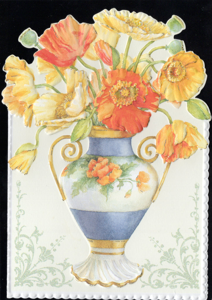 Red and gold poppies in a blue urn blank embossed die-cut greeting card by Carol Wilson. Blank inside. Retail $2.95. | CG1105 | 255749
