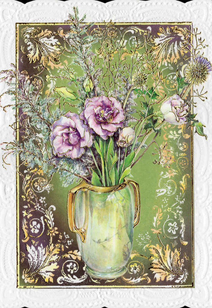 Mauve flowers in a pearl white urn embossed die-cut sympathy greeting card by Carol Wilson. Inside: Wishing you peace in this time of sorrow. Retail $4.25. | CRG1060 | 255751