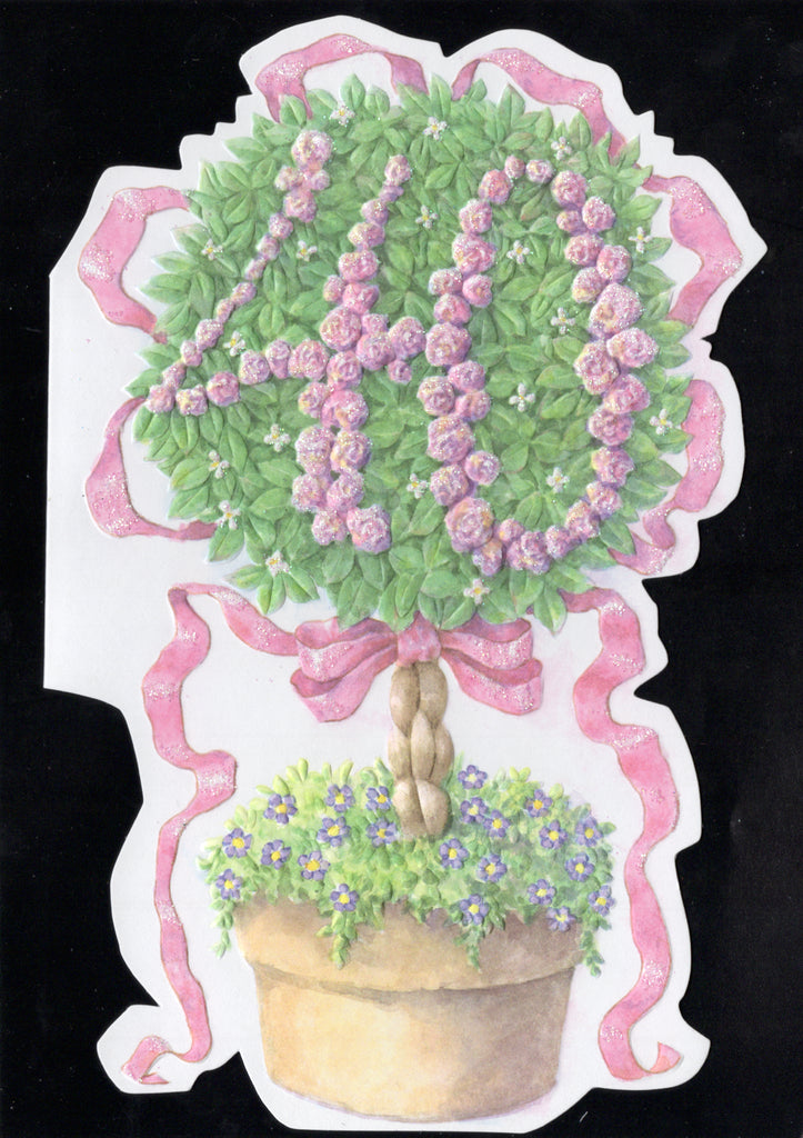 pink rose topiary themed milestone 40th birthday card by Carol Wilson. Inside: Wishing you today may be special for you in 40 different ways. Happy 40th birthday. Retail $4.25. | CRG6010 | 255752